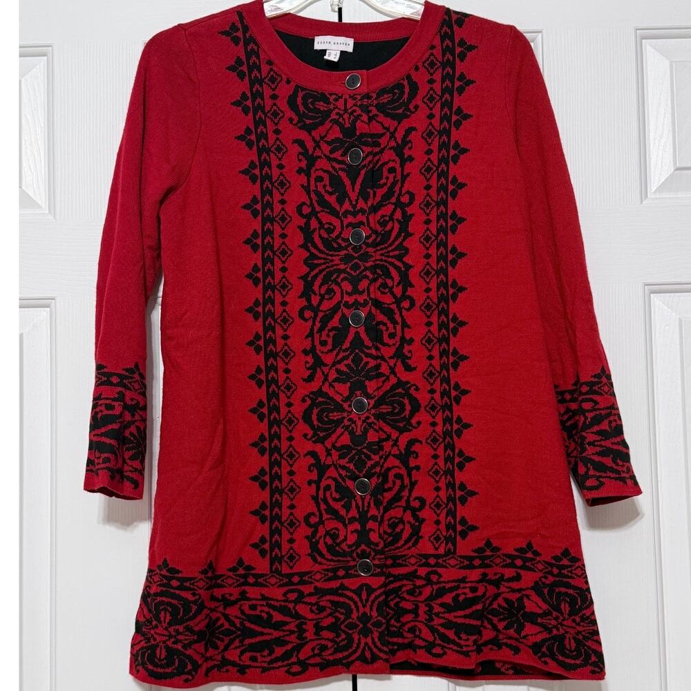 Susan Graver Jacquard Button-Front Sweater, Red and Black, Size L